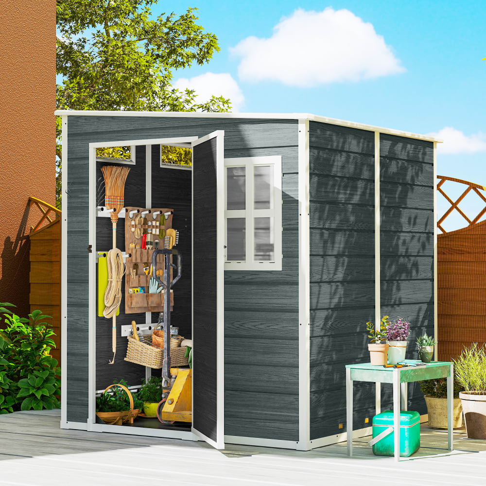 Outsunny Abri de jardin plancher structure aluminium résine gris effet bois Gris 182x196x182cm
