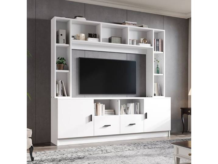 Ensemble de meuble TV - 180x35x170 cm - Blanc - 2 armoires - 2 tiroirs - 11 compartiments
