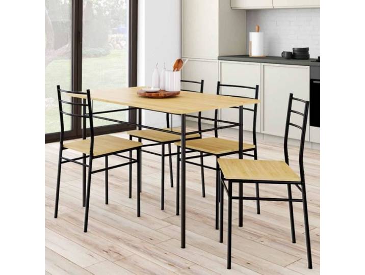 IDMARKET Ensemble table ANGIE 4 personnes + 4 chaises bois et métal noir