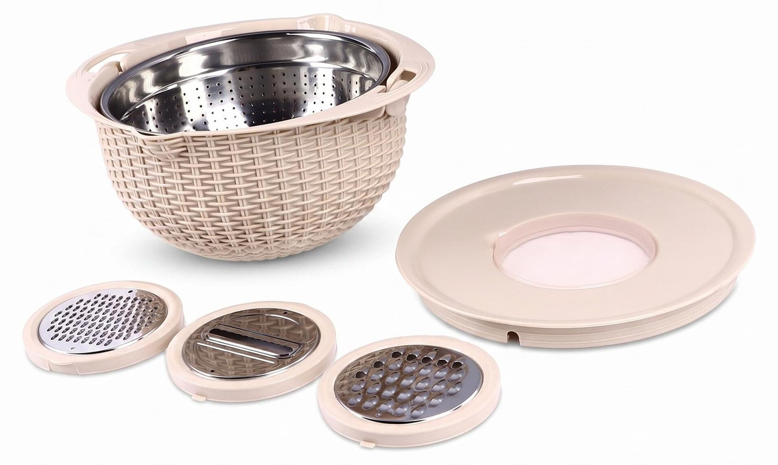 Dripio 4-in-1 afgietmand met mengkom, roestvrij staal, beige