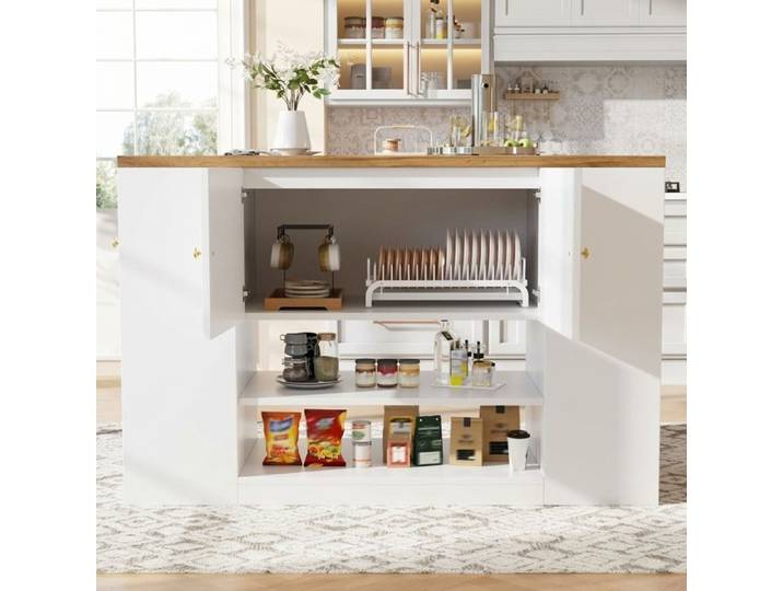 Norevia Îlot de Cuisine Blanc 140 cm avec Table Pliante Escamotable et Rangement