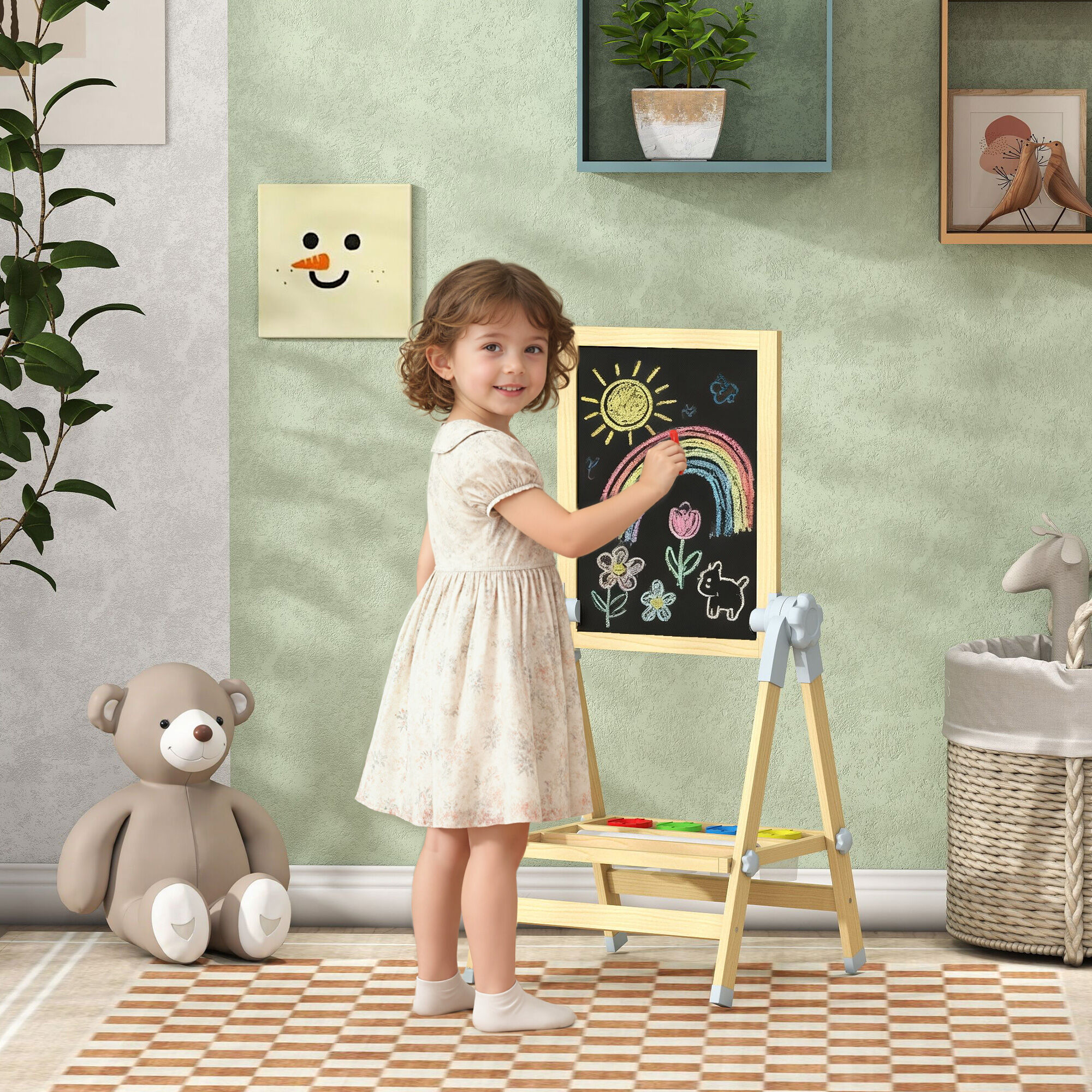 Altro Cavalletto Per Bambini Doppia Lavagna Per Gesso E Pennarelli, Lavagnetta Magnetica E Rotolo Di Carta, Legno