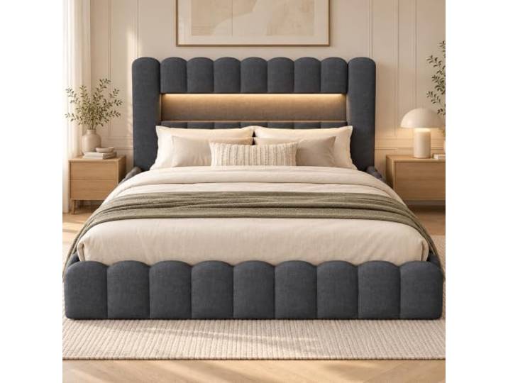 DULRLLY Polsterbett Bubble Bett 140 x 200 Doppelbett mit Hydraulisch Stauraum, USB-Ladefunktion und LED-Beleuchtung, Bettgestell Bett mit Lattenrost Stauraumbett Jugendbett,Ohne Matratze,Lein