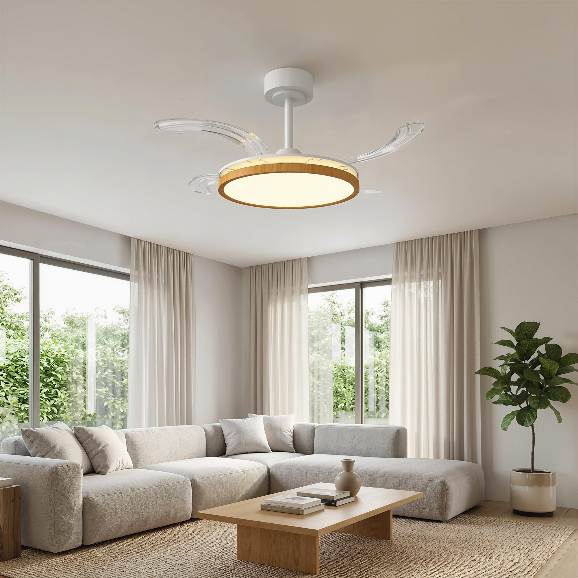 Homcom Ventilatore da soffitto con luce e telecomando, 95 cm ventilatore LED moderno con pale retraibili, naturale   Aosom Italy