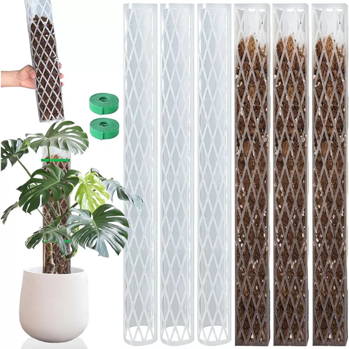 INF 16in D-förmiger Kunststoff-Moospfahl 4er-Set mit Klettband - Weiß, Kletterpflanzenstütze für Monstera und Ranken