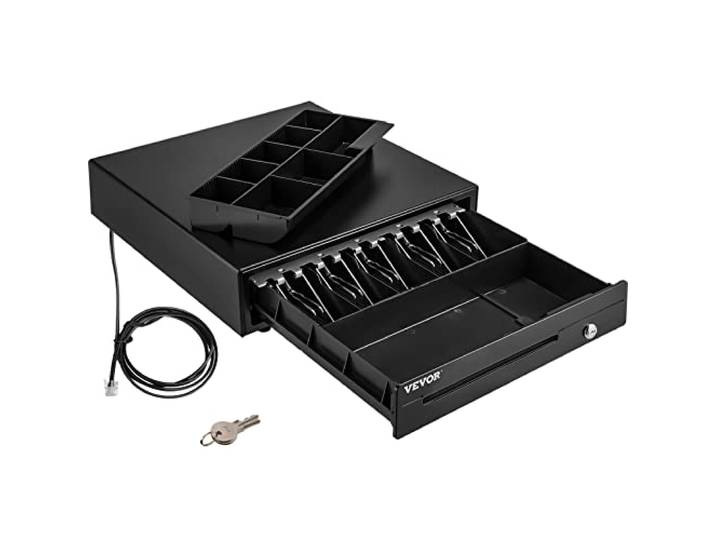 VEVOR Tiroir-Caisse Enregistreuse 41 cm Tiroir-Caisse Manuel et Automatique 5 Compartiments de Billets 8 Pièces Tiroir de Caisse Enregistreuse Port RJ11/RJ12 Billets Monnaie POS Restaurant Supermarché