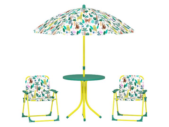 Ensemble de table et chaises de jardin pour enfants Aiyaplay, 4 pièces, chaises pliantes, parasol amovible, design jungle
