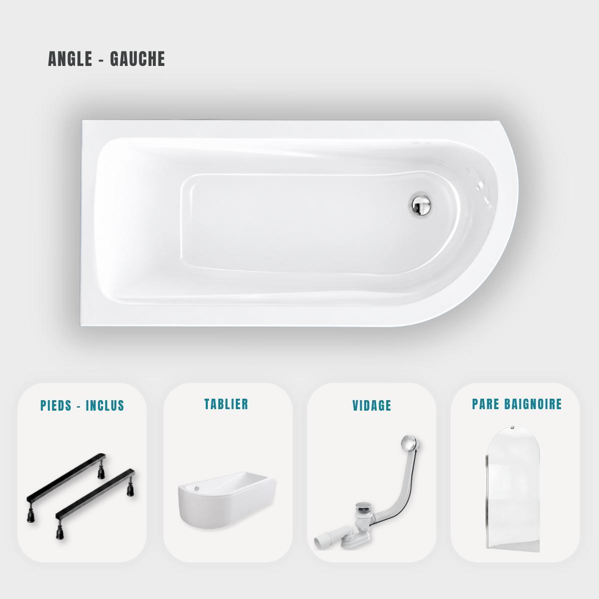 Weiße, asymmetrische Eckbadewanne 170 x 75 cm - Weiße Schürze - Füße - Verchromter Ablauf - Duschabtrennung - OASIS