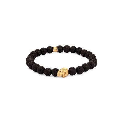 Armkette KUZZOI "Armband Herren Totenkopf Lava Stein Perlen 925 Silber" Gr. 21, gold, Armbänder, Herren, 21, Silber 925 (Sterlingsilber), Armkette