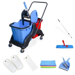 Hypafol Putzwagen Set | 2x 25 l Eimer | Wischmopp-Presse und Kehrgarnitur | inkl. 2x40cm Baumwoll Wischmopp, 1x Mikrofaser-Mopp | 12 Mikrofasertücher