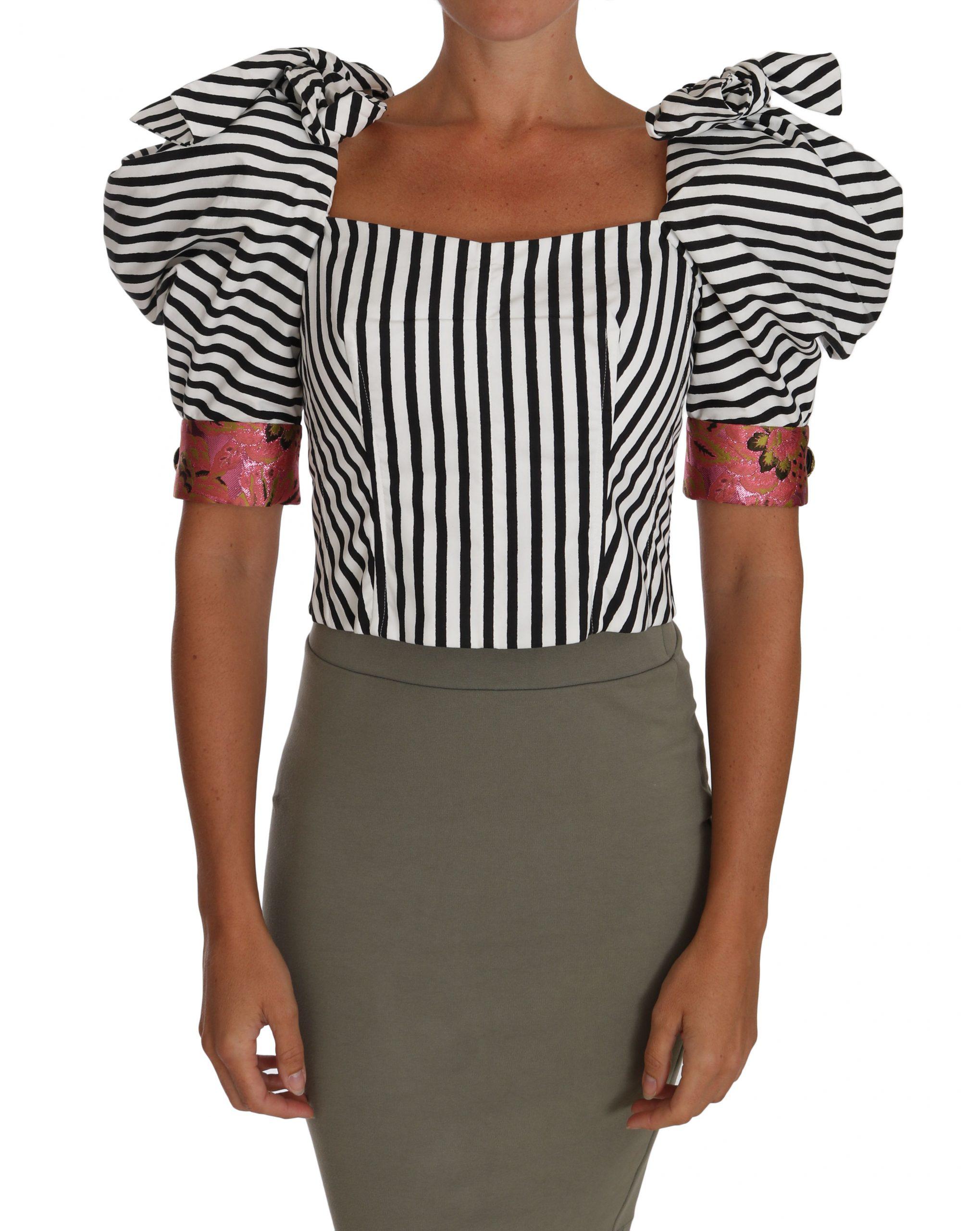 Dolce & Gabbana Women's White Black Striped Cropped Top Puff Sleeve Shirts