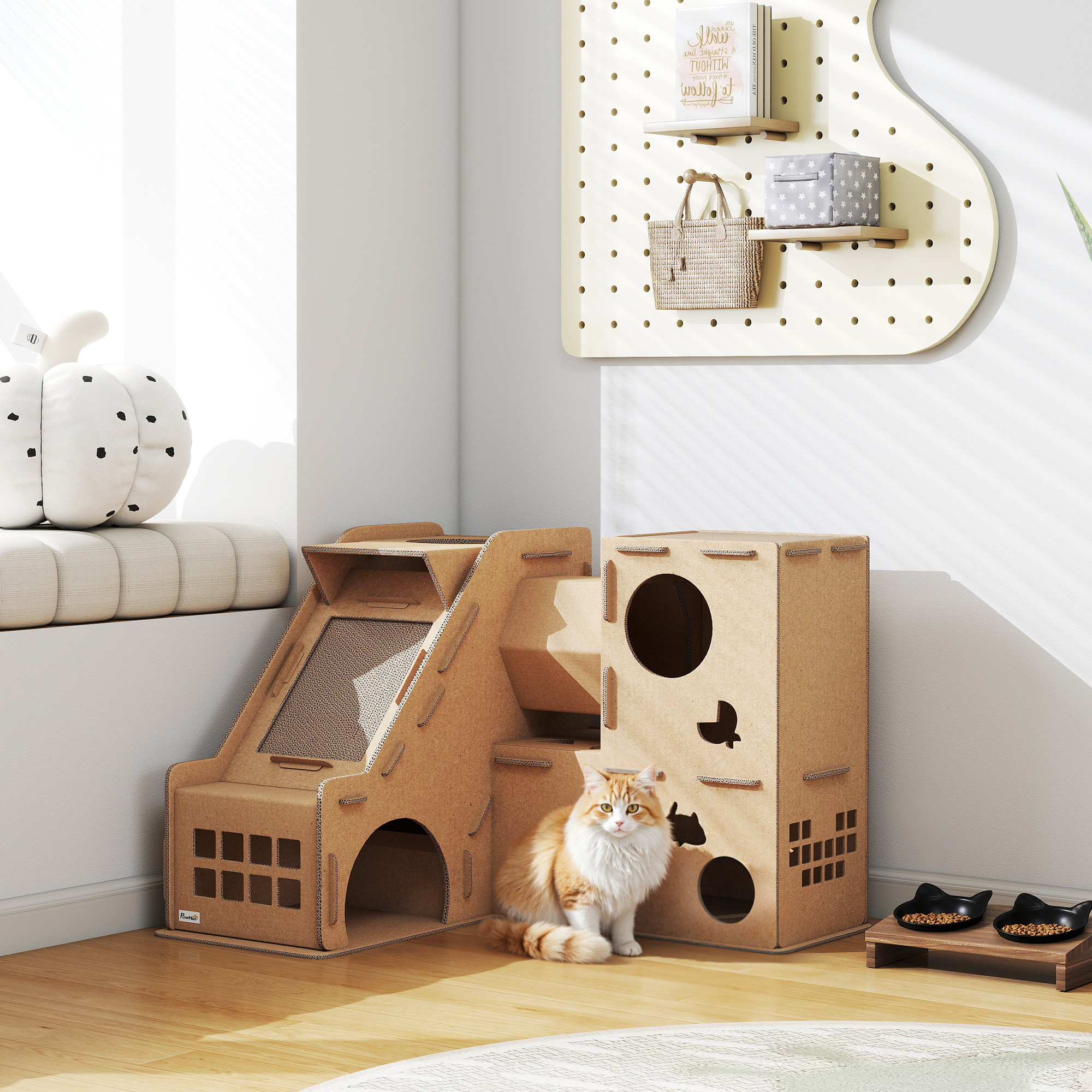 Pawhut Casa per Gatti in Cartone Forma Castello 2 Livelli con 3 Zone di Graffiatura Tunnel Rampa Include Erba per Gatti Marrone   Aosom Italy