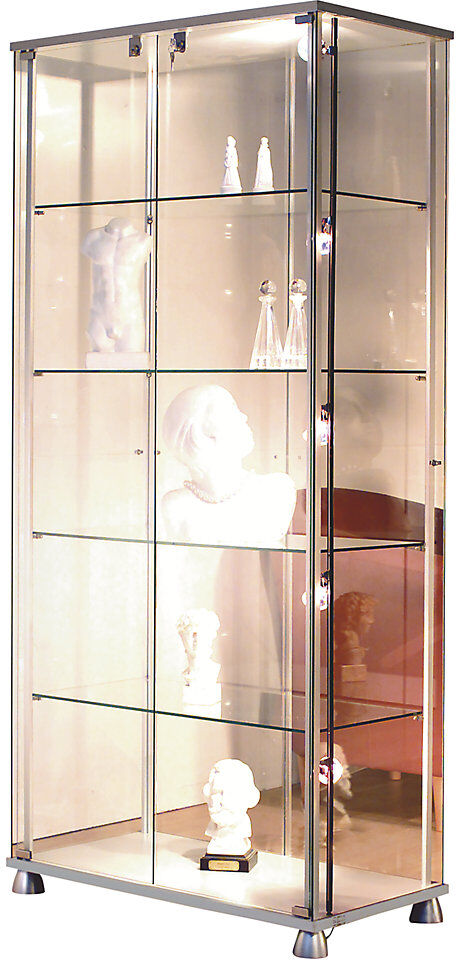 kaiserkraft Präsentations-Vitrine, 2 Drehflügeltüren, 4 Dekorfüße, mit LED-Beleuchtung