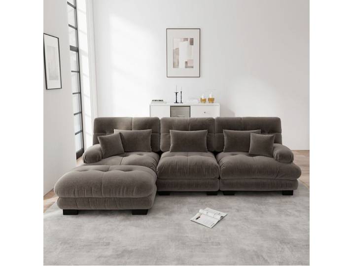 Canape D'Angle Modulaire En Chenille Marron 3 Places Canape En L Cloud FloraGrace Pour Salon Avec Pouf Mobile 313x145x81cm