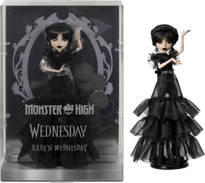 Monster High Wednesday Addams verzamelpop met baljurk en standaard HXJ03