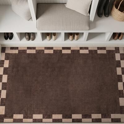 World Rug Gallery Checkerboard Border Machine Washable Non-Slip Backing Area Rug