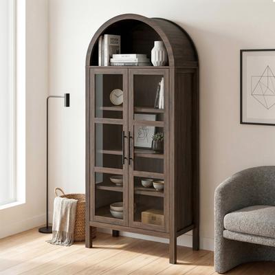 247 Shop At Home Lenn Rustic Wood Frame Tempered Glass Arched Bookcase with Adjustable Shelves