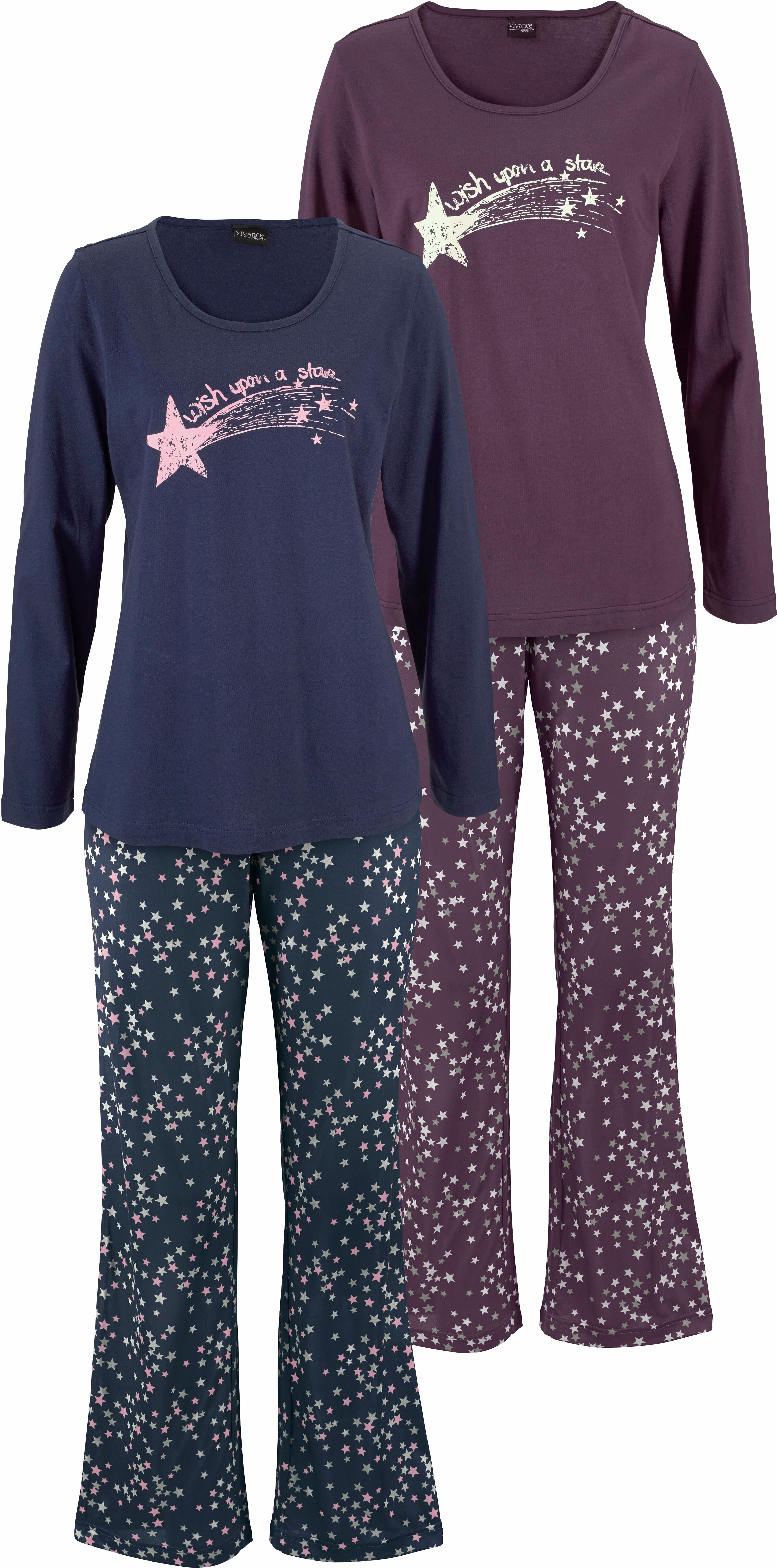 Pyjama, Damen, Gr. 52/54, bunt (bordeaux, marine), Single Jersey, Obermaterial: 100% Baumwolle, VIVANCE DREAMS BY LASCANA, gemustert, lang, Homewear-Sets Pyjama, mit Sternenprint bordeaux, marine 52/54