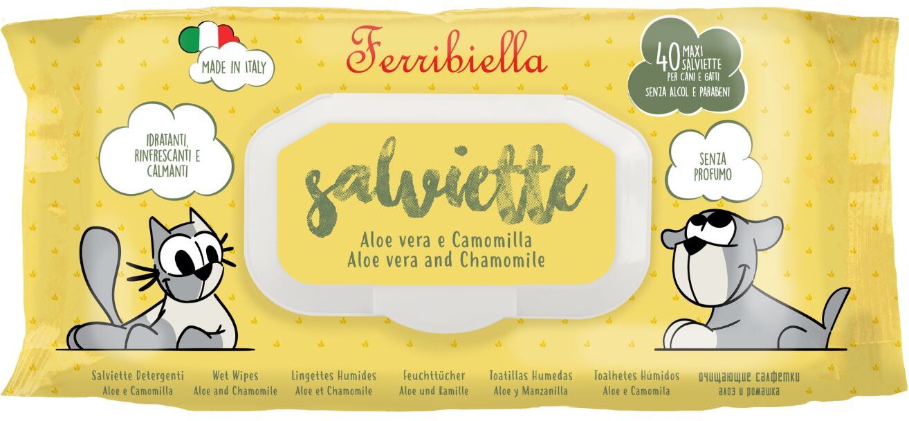 Ferribiella Salviette Detergenti Aloe Vera Camomilla per Cani e Gatti 40 Pezzi