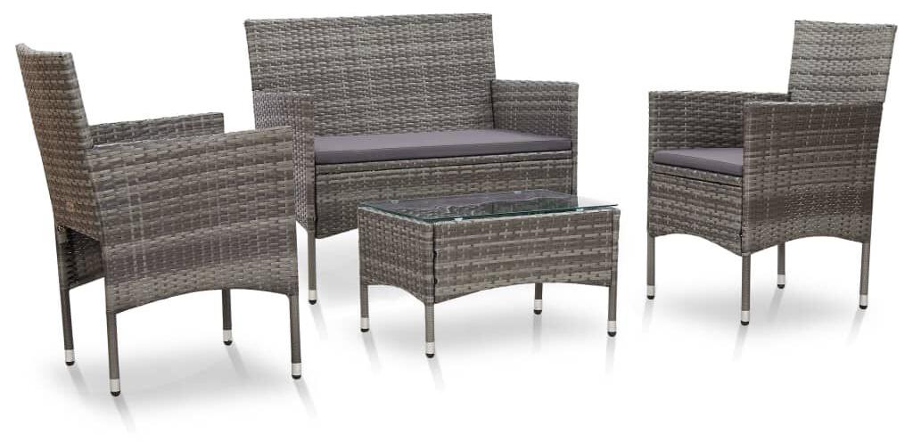 Loungeset, 4-teilig, Grau - Polyratan - 4 Sitzplätze - Inklusive Kissen