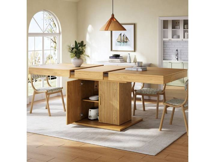ULEVR Table à manger extensible 140-180 cm avec rangement intégré portes rainurées MDF et métal
