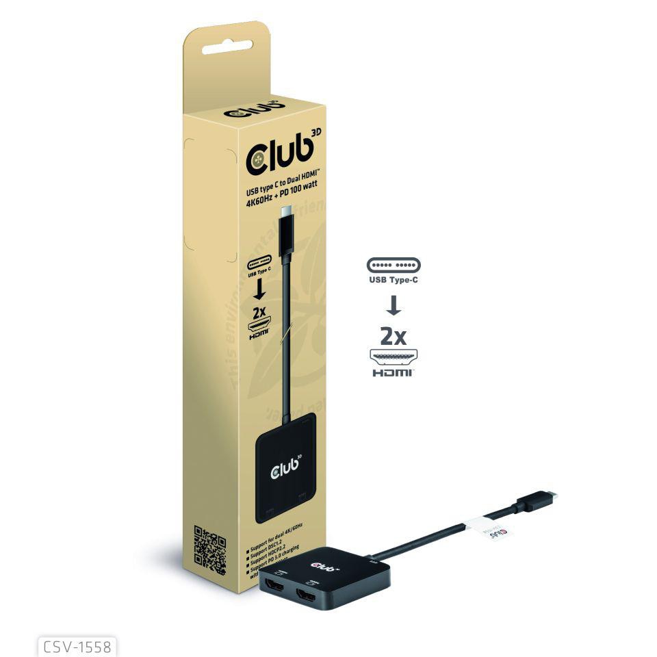Club3D Club 3D USB Typ-C auf Dual HDMI 4K60Hz PD 100W CSV-1558