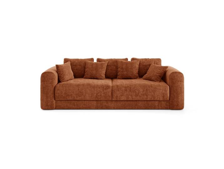 Canapé convertible coffre noyer 4 places en tissu tramé terracotta