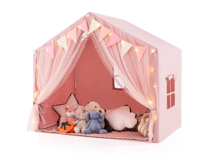 Speeltent met 2 Gordijnen & Sterrenlichten & Geruite Vlaggen Grote Speelhuis Roze