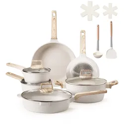 VEVOR Induktion Töpfe Pfannen Set (17-teilig) mit Glasdeckel, antihaftbeschichtetes Kochgeschirr, Induktionskochtöpfe für die Küche im Wohnmobil zum Braten, Würzen von Soßen und Kochen (Weiß)