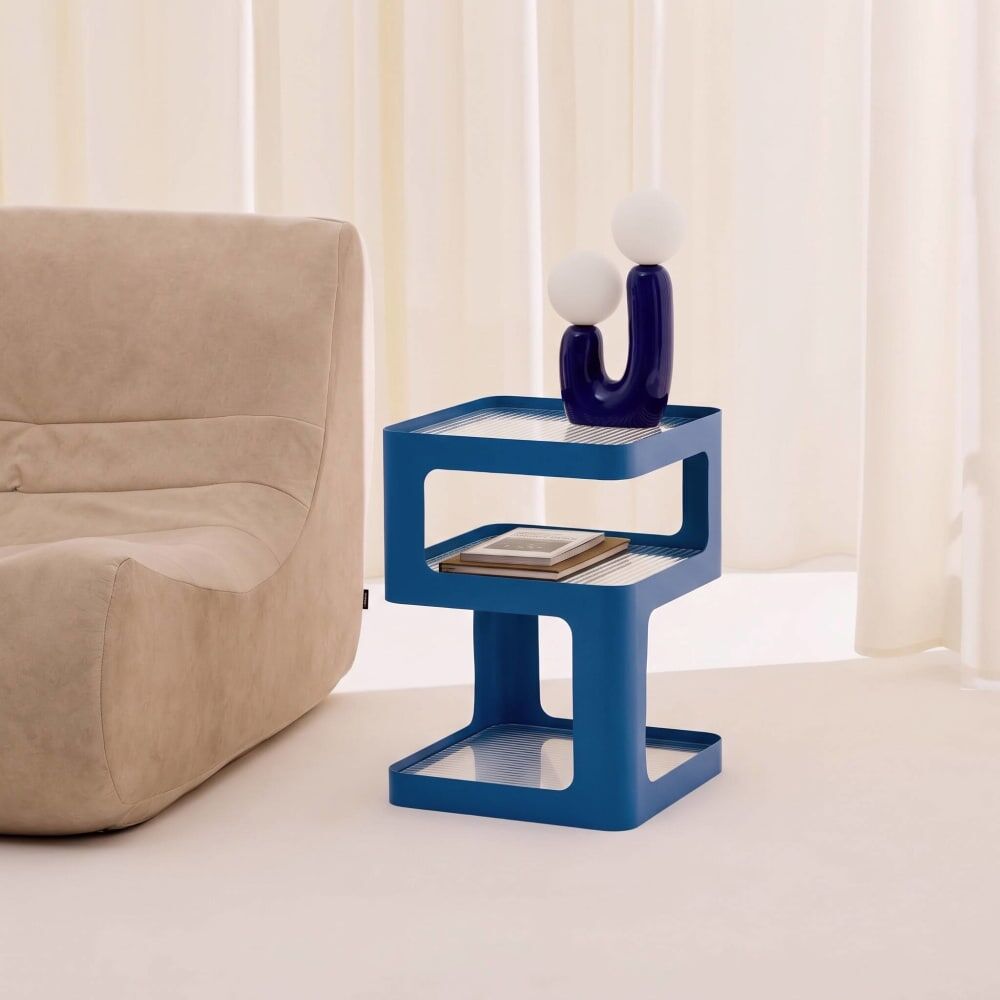 sweeek Table d'appoint, table de chevet métal et verre strié bleu Bleu 35x49x35cm
