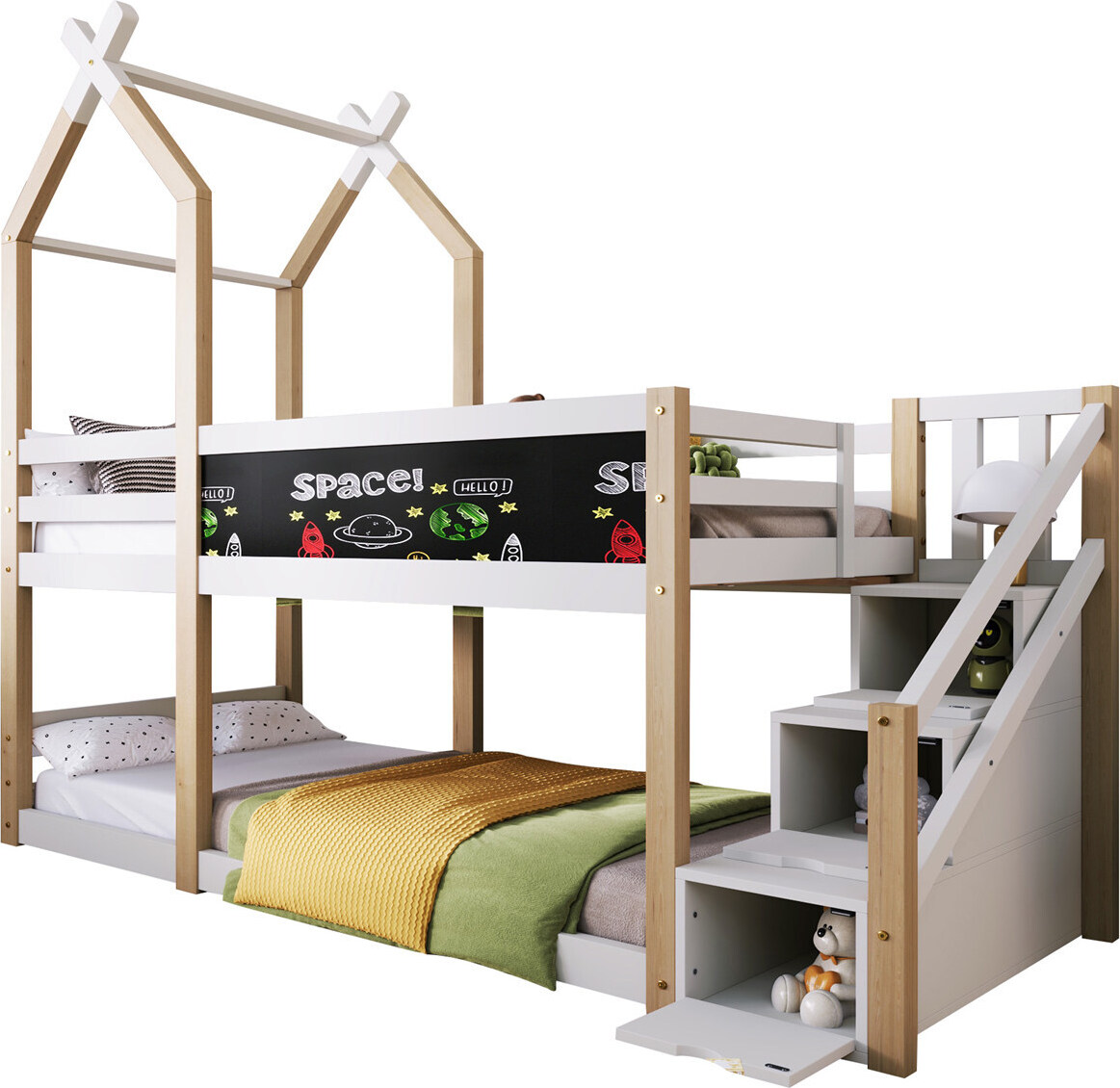 Kinderbett Baumhaus inkl.Tafel Bett mit Speicherung und Rausfallschutz,Hochbett für Kinder- 2x Lattenrost- Natur
