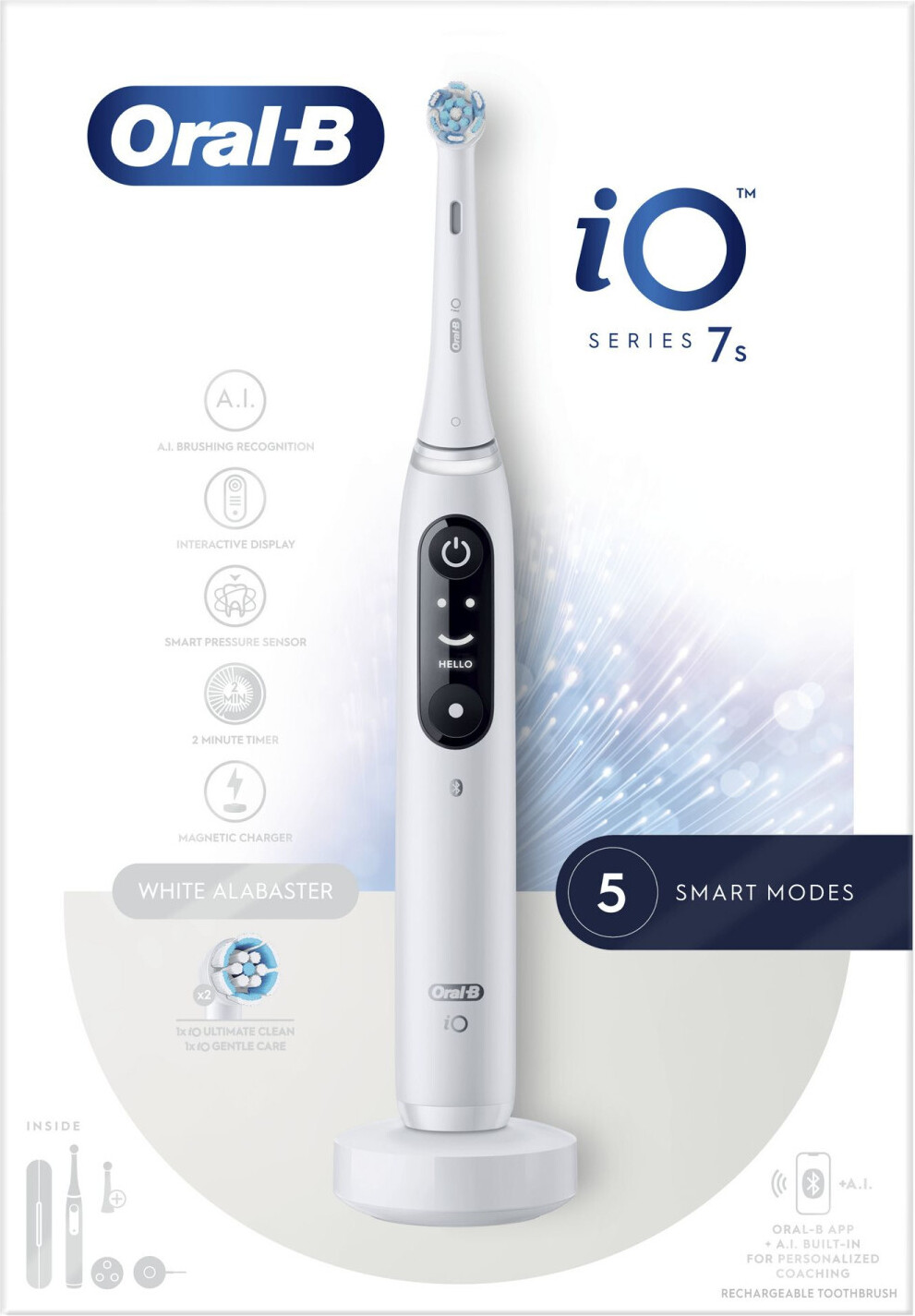Oral-B iO 7S, Erwachsener, Vibrierende Zahnbürste, Tägliche Pflege, Tiefenreinigung, Zahnfleischpflege, Sensibel, Whitening, Weiß, 2 min, Weiß
