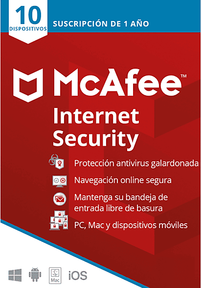 MCAFEE (SOFT) Antivirus - McAfee® Internet Security, Suscripción 1 año, 10 dispositivos (Formato Físico)