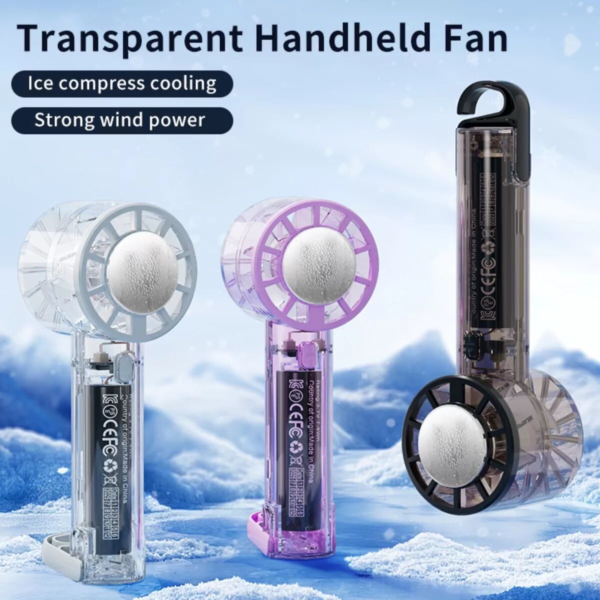 INF Transparenter Handventilator mit Halbleiterkühlung – USB-C wiederaufladbar 2000MAH, 3-Geschwindigkeitsstufen, tragbarer Violett