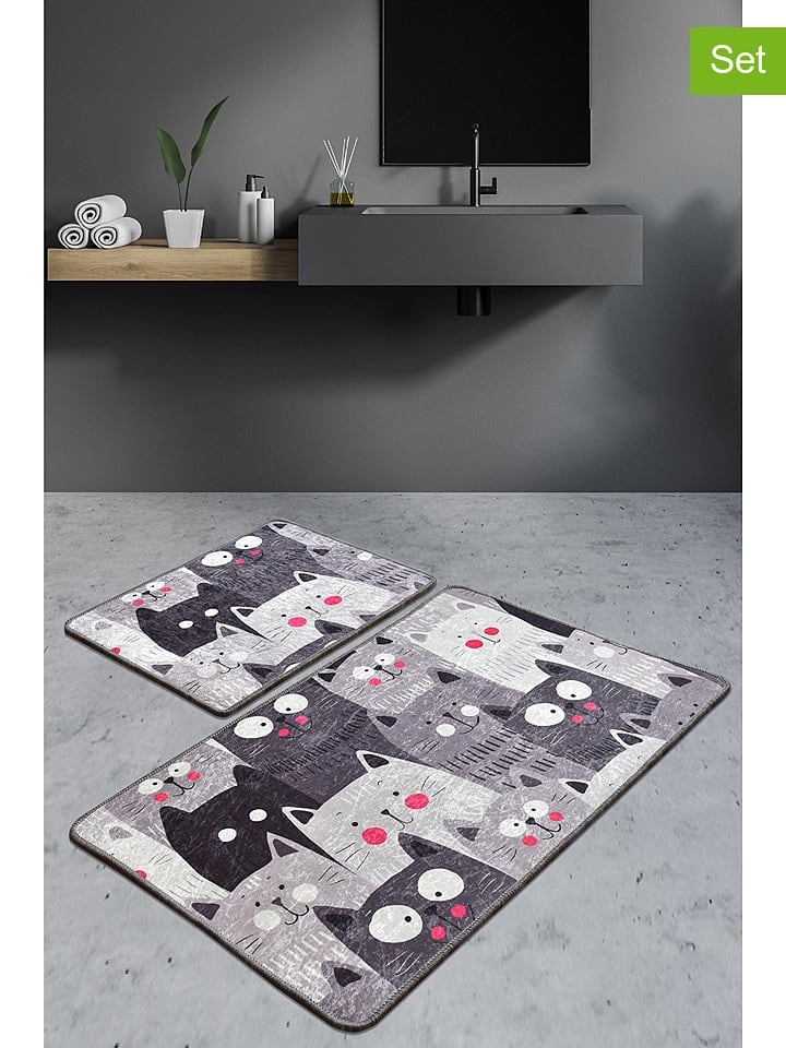 Colourful Cotton 2er-Set: Badvorleger "Meaow" in Grau - onesize