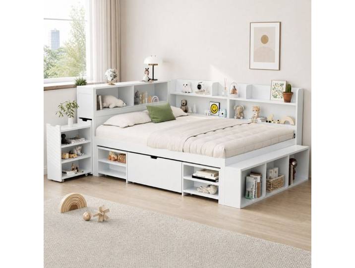 Lit combiné enfant - ZEVKOR - Lit combiné 1 place 140×200 cm - Tiroir & étagères intégrés - Contreplaqué blanc - Sommier à lattes