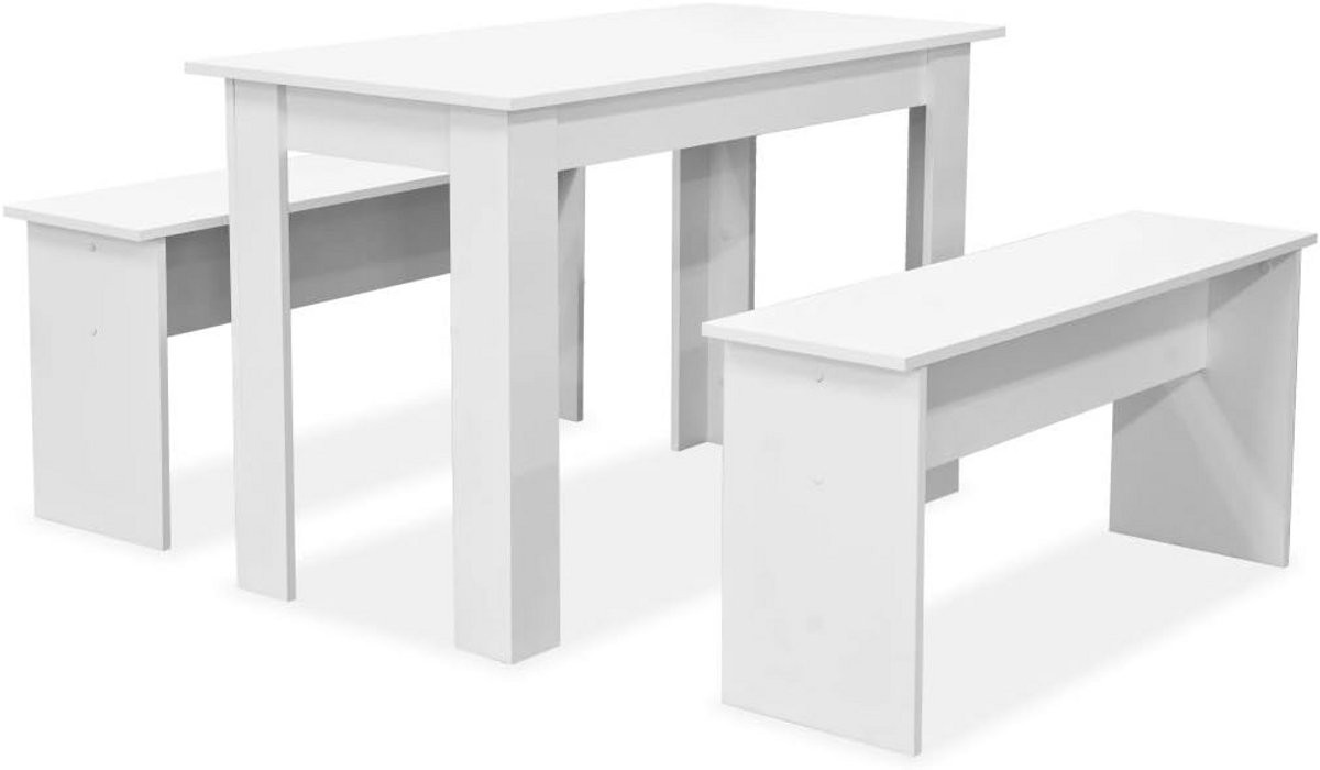 3-delige eetkamerset met tafel en 2 zitbanken in eiken en wit