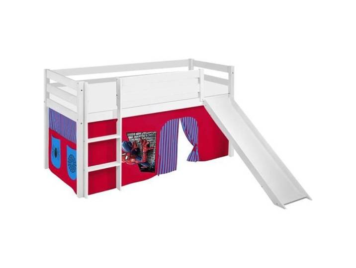 Lit surélevé ludique JELLE avec toboggan 90x200 et rideaux - LILOKIDS - blanc laqué
