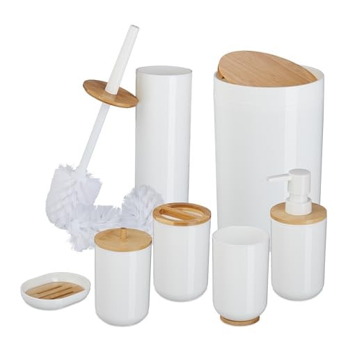 Relaxdays Badkamer set 7-delig wit bamboe en kunststof