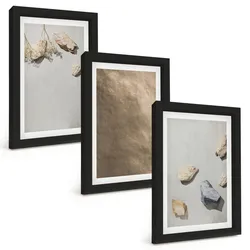BILDER SET 3er Set - 20x30 cm Schwarzer Rahmen - Steine Strand natürliche Strukturen