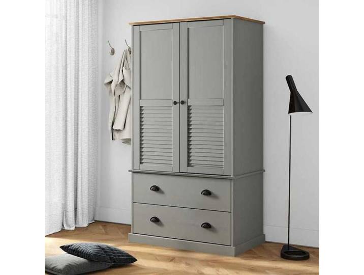 Garde-robe - VIDAXL - VIGO - Gris - Bois de pin massif - 2 tiroirs - Rail intérieur