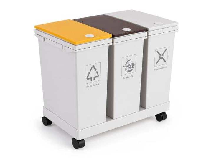 Relaxdays Poubelle de tri\, blanche 3 bacs\, 3 x 12 l\, roulettes\, porte-sac\, couvercle à pression\, plastique