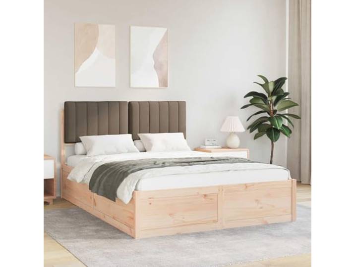 Massivholz Gestell mit Polsterkopfteil Modernes Schlafzimmer Design Taupe Bettgestell mit gepolstertem Kopfteil Taupe 135x190 cm Massivholz Kiefer Polsterbett mit Lattenrost ohne Boxspring