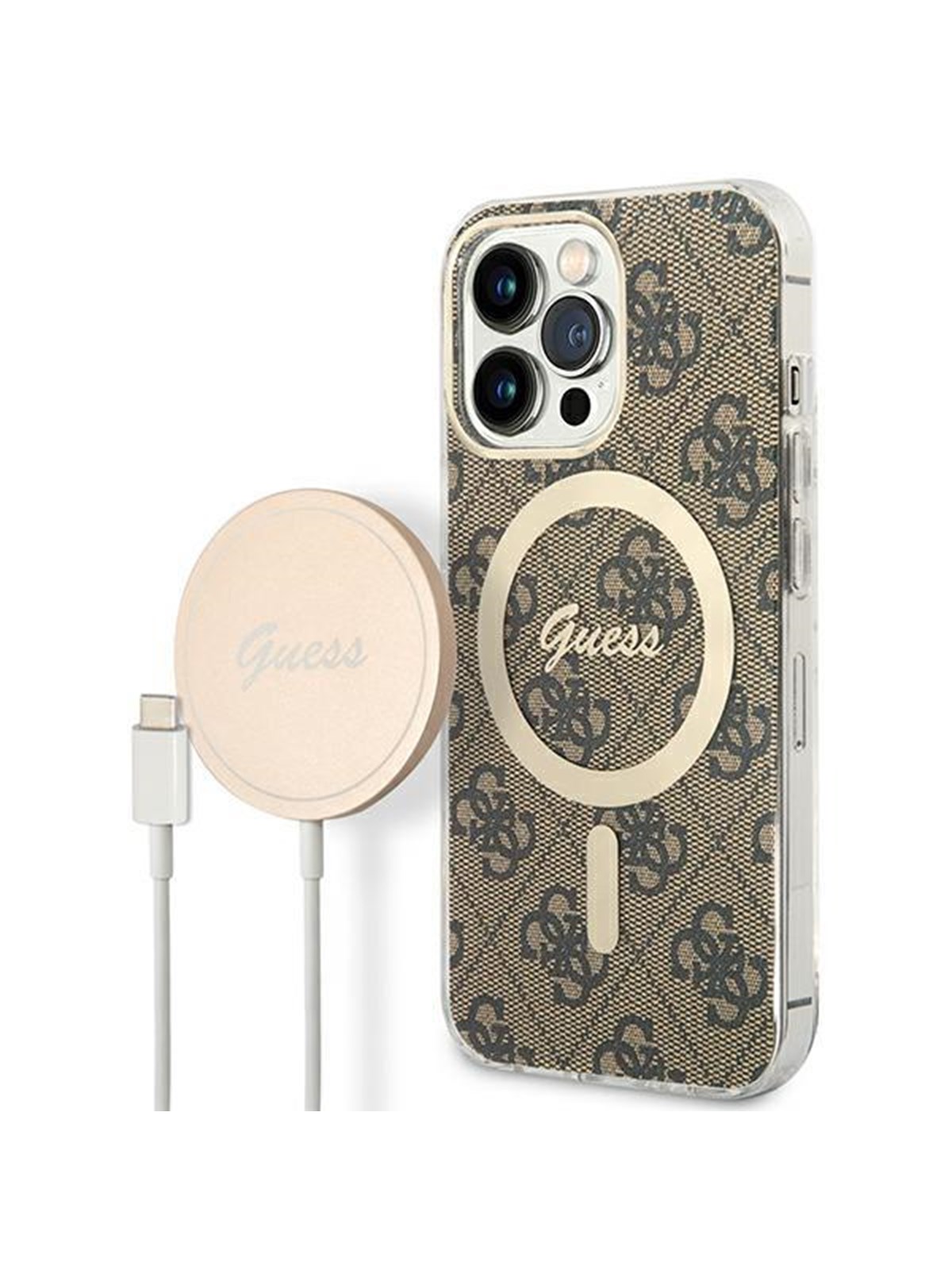 GUESS GUBPP13LH4EACSW Case+ Charger iPhone 13 Pro brown/brown hard case 4G Print MagSafe