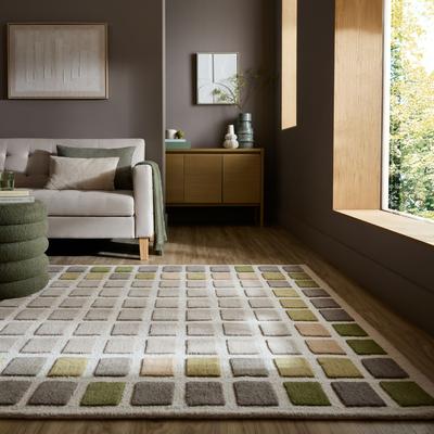 Wollteppich FLAIR RUGS "RENGA", grün, B:160cm H:10mm L:230cm Ø:22cm, Wolle, Teppiche, 100% Wolle, Modernes Karomuster mit 3D-Effekt