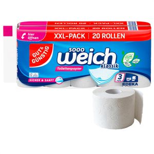 Gut&Günstig Toilettenpapier sooo weich Klassik XXL, 3-lagig, sicher & sanft, Tissue, 220 Blatt, 20 Rollen