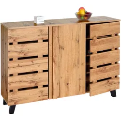 Sideboard HWC-M46, Kommode Schrank Anrichte, 3 Türen 8 Staufächer 88x120x34cm, naturfarben