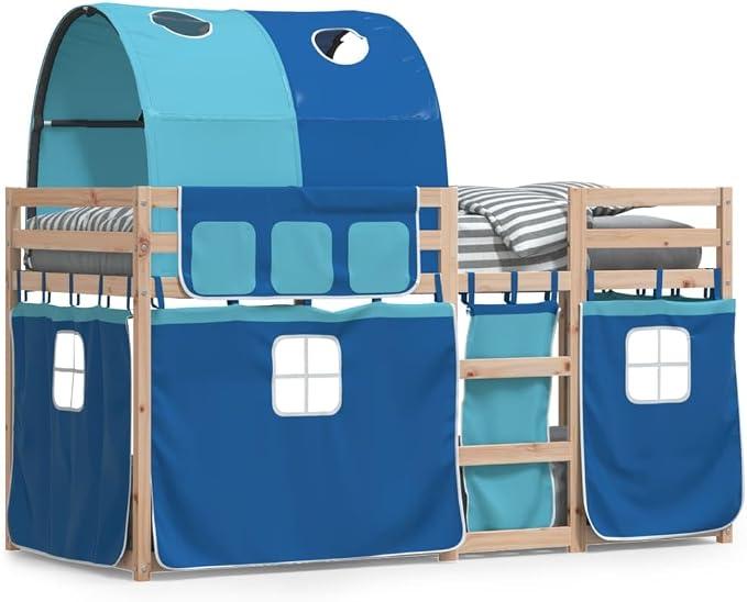 Etagenbett mit Vorhängen Blau 80x200 cm Kinder Etagenbett Kinderbett Doppelbett Kinderhochbetten Bett Massivholz Kiefer - 3283989
