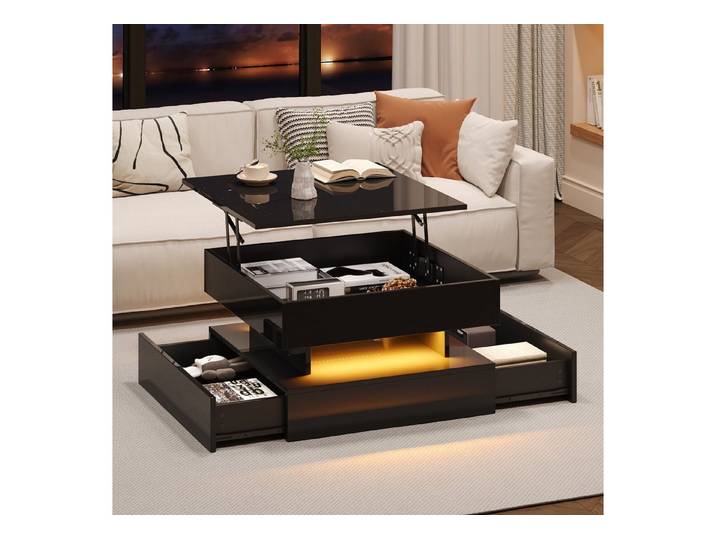 Fine Life Pro Couchtisch Schwarzer Hochglanz-Couchtisch, anhebbar, LED, 2 Schubladen, 65x65x38,5 cm, versteckter Stauraum, Beistell- & Sofatisch