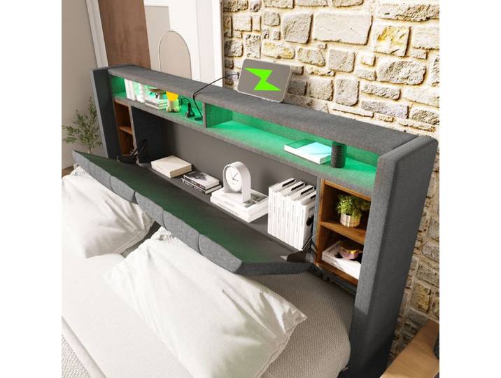 BEL Lit double capitonné tête rangement USB LED cadre bois lattes 140x200 gris (sans matelas)